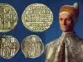 Ritratto di un Doge con monete antiche. Il doge significato è legato al potere e alla storia di Venezia.