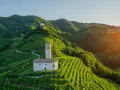 Un borgo con una chiesetta e campanile tra colline vitate, un esempio di cosa vedere nei dintorni di Treviso per un paesaggio incantevole.