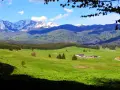 Un paesaggio alpino con montagne innevate, verdi colline e fattorie. Un vero consiglio cosa vedere per gli amanti della natura.