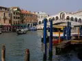Gondola scivola sul Canal Grande, con il Ponte di Rialto e il vivace mercato di Rialto sullo sfondo.