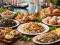 Sapori autentici delle trattorie tipiche a Venezia: spaghetti al nero di seppia, risotto ai frutti di mare, pesce alla griglia e crostini.