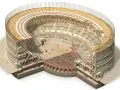 Ricostruzione dettagliata dell'arena di Verona come era, con spettatori, arena e struttura interna visibile.