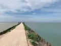 Sentiero lungo le ciclabili del Delta del Po, con acqua calma e cielo nuvoloso.