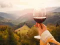 Un calice di vino rosso, perfetto per le degustazioni sui Colli Euganei, si staglia contro un paesaggio collinare autunnale al tramonto.