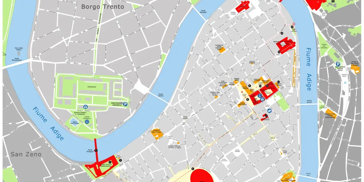 Mappa di Verona: cosa vedere a Verona in un giorno. Mostra il centro storico, l'Arena, Castelvecchio, il fiume Adige e i principali monumenti.