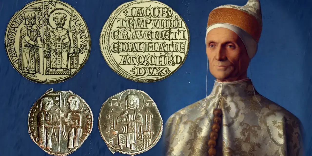 Ritratto di un Doge con monete antiche. Il doge significato è legato al potere e alla storia di Venezia.