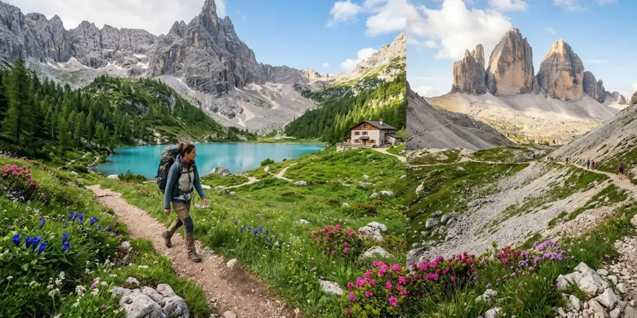 Escursionista solitario su sentiero fiorito, lago turchese e rifugio. Un'avventura di trekking Dolomiti 5 giorni indimenticabile.