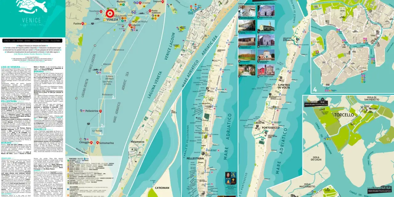 Mappa di Venezia e isole della laguna, ideale per un itinerario a piedi. Mostra percorsi, attrazioni e trasporti.
