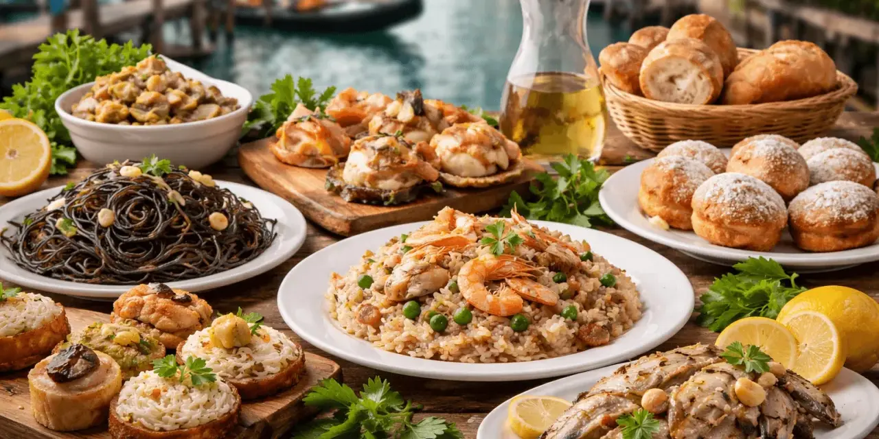Sapori autentici delle trattorie tipiche a Venezia: spaghetti al nero di seppia, risotto ai frutti di mare, pesce alla griglia e crostini.