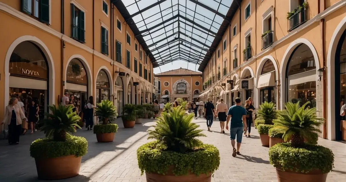 Passeggiata in una via dello shopping a Venezia, con portici, negozi e piante in vaso sotto un tetto di vetro.