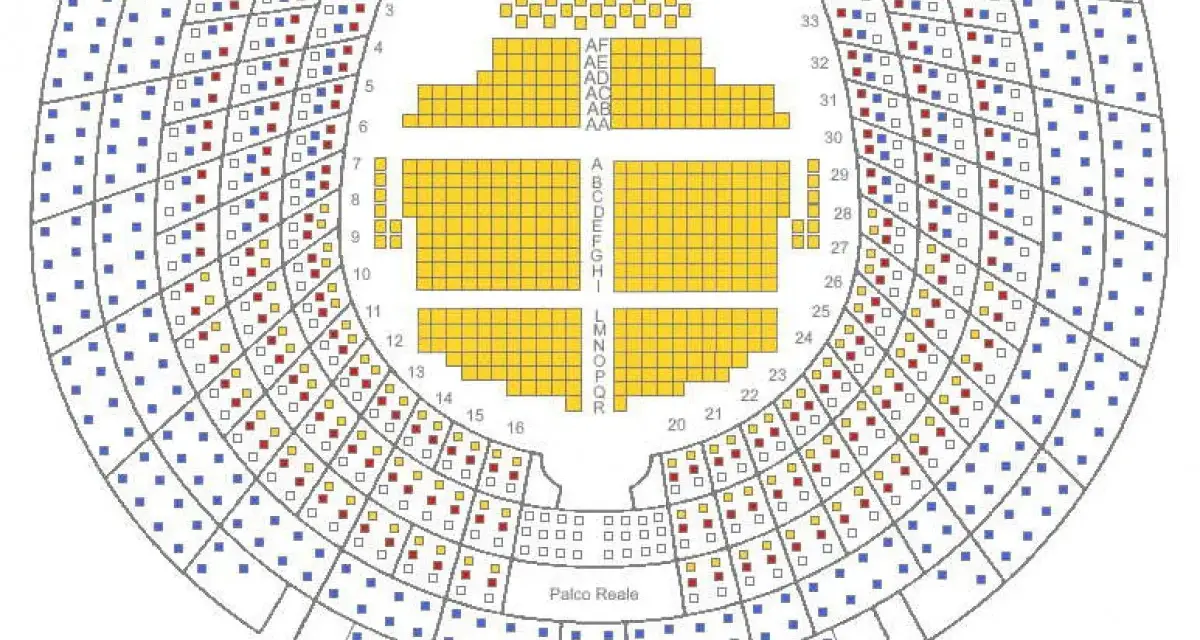 Mappa posti Teatro La Fenice. I colori indicano diverse sezioni, utili per scegliere i biglietti e capire il prezzo.