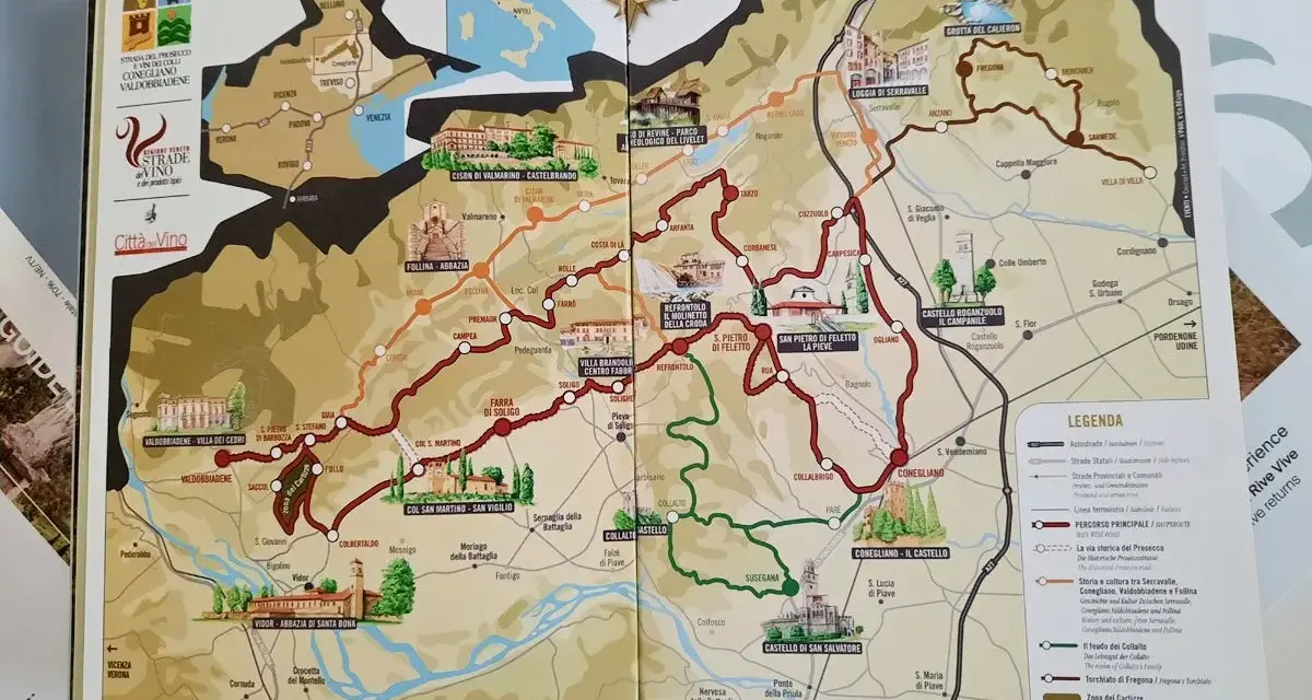 Mappa della Strada del Prosecco, con percorsi, città e attrazioni turistiche.
