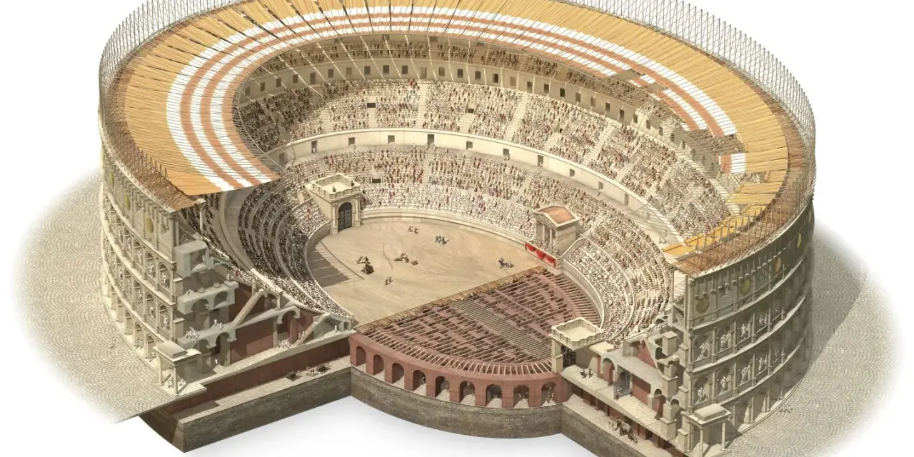 Ricostruzione dettagliata dell'arena di Verona come era, con spettatori, arena e struttura interna visibile.