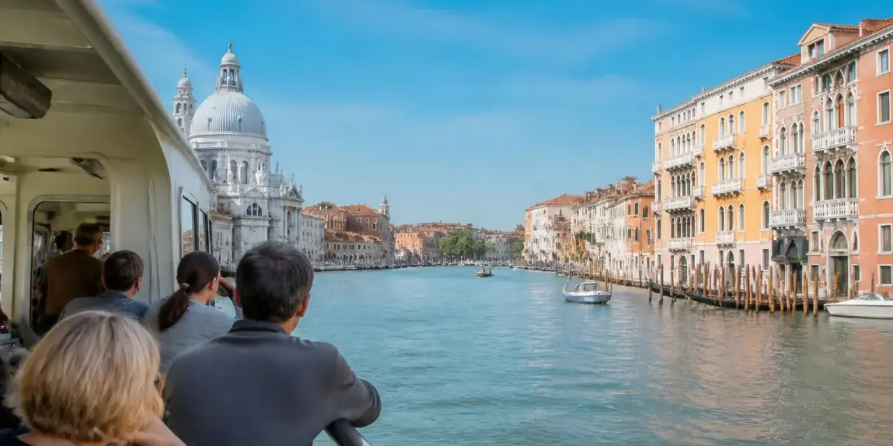 Gente sul vaporetto ammira il Canal Grande, con palazzi colorati e la Basilica di Santa Maria della Salute. Un viaggio tra Murano e Burano.