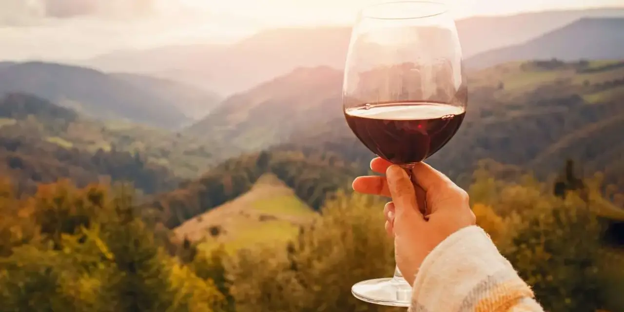 Un calice di vino rosso, perfetto per le degustazioni sui Colli Euganei, si staglia contro un paesaggio collinare autunnale al tramonto.