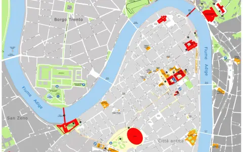 Mappa di Verona: cosa vedere a Verona in un giorno. Mostra il centro storico, l'Arena, Castelvecchio, il fiume Adige e i principali monumenti.