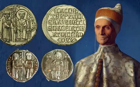 Ritratto di un Doge con monete antiche. Il doge significato è legato al potere e alla storia di Venezia.