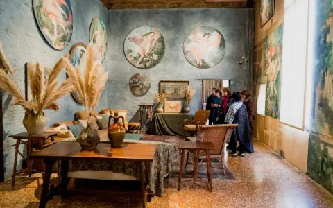 Interno del museo Palazzo Fortuny con opere d'arte alle pareti, arredi d'epoca e visitatori.