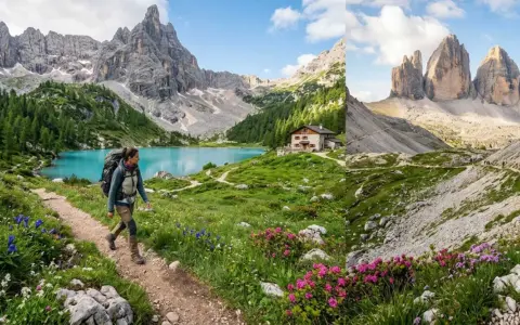 Escursionista solitario su sentiero fiorito, lago turchese e rifugio. Un'avventura di trekking Dolomiti 5 giorni indimenticabile.