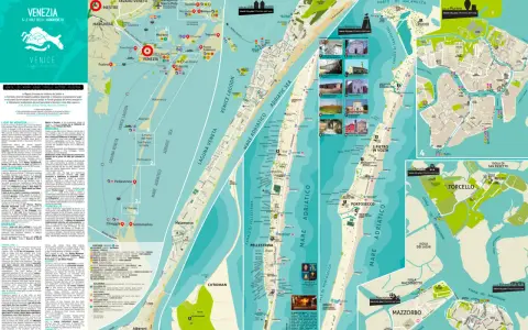 Mappa di Venezia e isole della laguna, ideale per un itinerario a piedi. Mostra percorsi, attrazioni e trasporti.