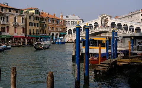 Gondola scivola sul Canal Grande, con il Ponte di Rialto e il vivace mercato di Rialto sullo sfondo.