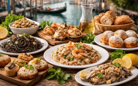 Sapori autentici delle trattorie tipiche a Venezia: spaghetti al nero di seppia, risotto ai frutti di mare, pesce alla griglia e crostini.
