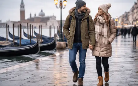 Coppia passeggia a Venezia, con gondole sullo sfondo. Perfetto esempio di come vestirsi a Venezia in inverno: cappotti caldi, sciarpe e berretti.