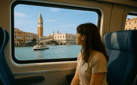 Donna guarda fuori dal finestrino del treno, ammirando il panorama di Venezia. Un modo suggestivo per capire come arrivare a Venezia.