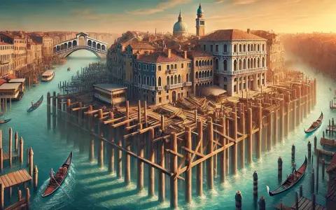Venezia, con i suoi canali e le iconiche gondole, mostra la sua resilienza attraverso le palafitte che sostengono antichi palazzi.