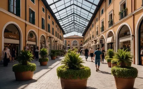 Passeggiata in una via dello shopping a Venezia, con portici, negozi e piante in vaso sotto un tetto di vetro.