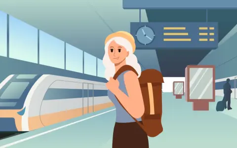 Ragazza con zaino in stazione, pronta a scoprire come arrivare a Venezia in treno.
