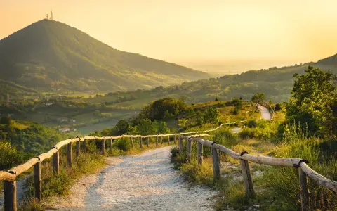 Sentiero panoramico sui Colli Euganei, cosa vedere: un percorso tra colline verdi e vigneti al tramonto.