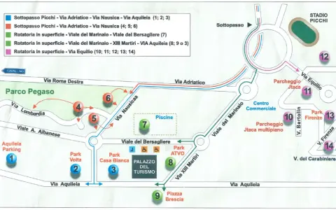 Mappa di Jesolo Venezia con indicazioni stradali, parchi, parcheggi e punti di interesse.