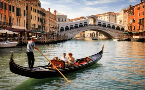 Coppia in gondola per un tour a Venezia, con il Ponte di Rialto sullo sfondo.