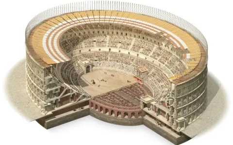 Ricostruzione dettagliata dell'arena di Verona come era, con spettatori, arena e struttura interna visibile.