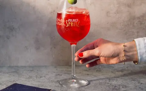 Un bicchiere di Spritz Select, con oliva e ghiaccio, pronto per essere gustato. Un tocco di Venezia in ogni sorso.
