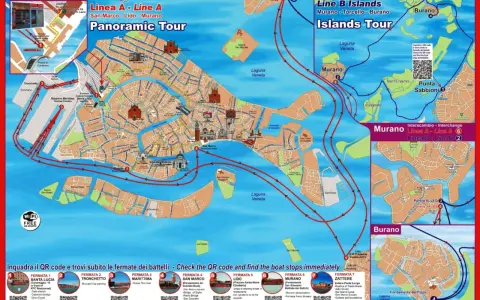 Mappa di Venezia con itinerari hop on hop off: Linea A (San Marco-Lido-Murano) e Linea B (Murano-Torcello-Burano).