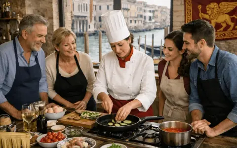 Coppia partecipa a corsi di cucina a Venezia, imparando a preparare piatti tipici con uno chef esperto.