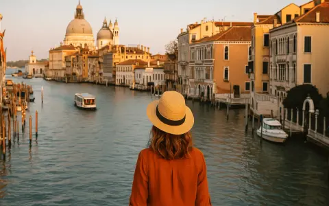 Una donna con cappello di paglia ammira il Canal Grande, un perfetto week end a Venezia.