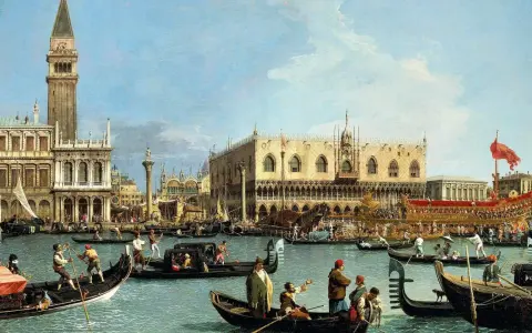 Un vivace canaletto a Venezia, con gondole e imbarcazioni che navigano davanti al Palazzo Ducale e alla Torre dell'Orologio.