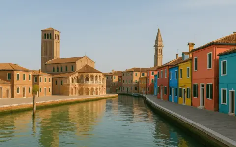 Canale di Burano con case colorate e chiese antiche, un luogo dove l'artigianato di Venezia vive ancora.