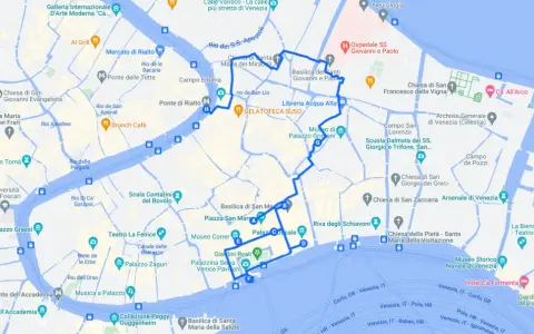 Un itinerario a piedi per scoprire Venezia in un giorno, partendo dalla stazione. Il percorso tocca luoghi iconici come il Ponte di Rialto e Piazza San Marco.
