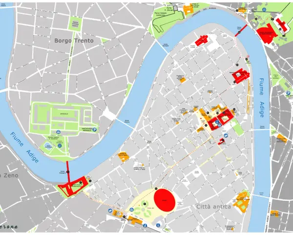 Mappa di Verona: cosa vedere a Verona in un giorno. Mostra il centro storico, l'Arena, Castelvecchio, il fiume Adige e i principali monumenti.