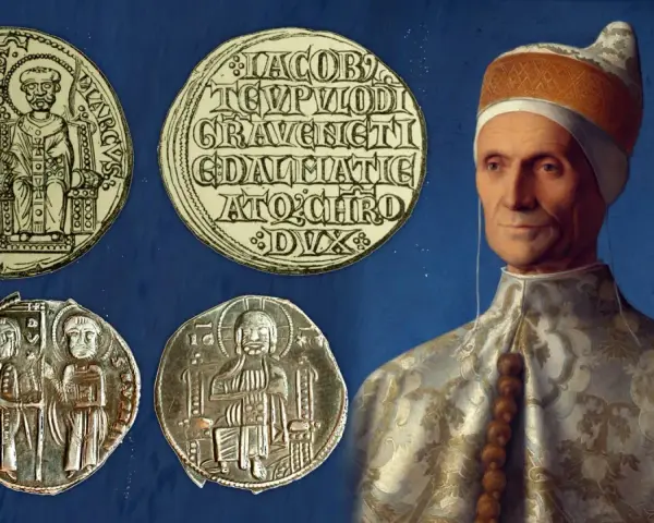 Ritratto di un Doge con monete antiche. Il doge significato è legato al potere e alla storia di Venezia.