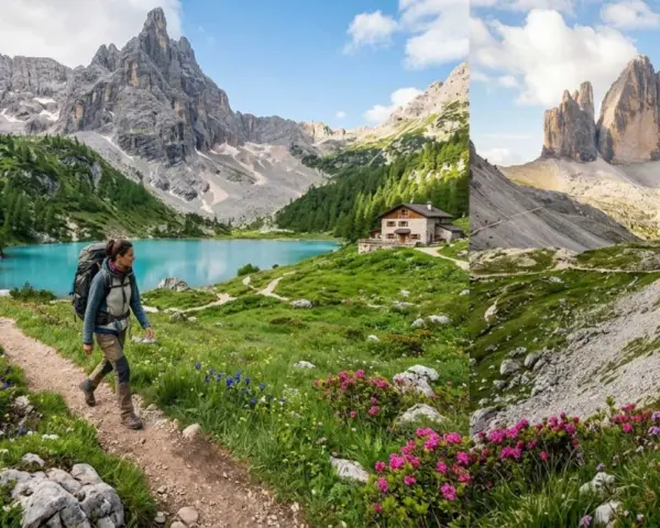 Escursionista solitario su sentiero fiorito, lago turchese e rifugio. Un'avventura di trekking Dolomiti 5 giorni indimenticabile.