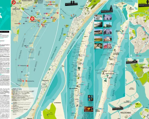 Mappa di Venezia e isole della laguna, ideale per un itinerario a piedi. Mostra percorsi, attrazioni e trasporti.