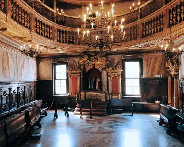 Interno sontuoso della sinagoga di Venezia, con arredi in legno scuro, un grande lampadario e l'Arca Santa dorata.