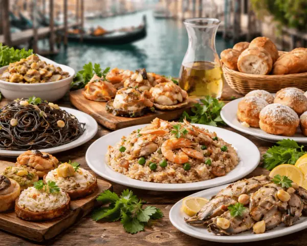 Sapori autentici delle trattorie tipiche a Venezia: spaghetti al nero di seppia, risotto ai frutti di mare, pesce alla griglia e crostini.