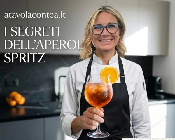 Donna sorridente con un bicchiere di Spritz, pronta a svelare i segreti delle giuste dosi per spritz perfetti.