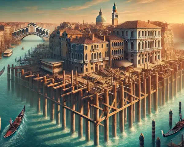 Venezia, con i suoi canali e le iconiche gondole, mostra la sua resilienza attraverso le palafitte che sostengono antichi palazzi.